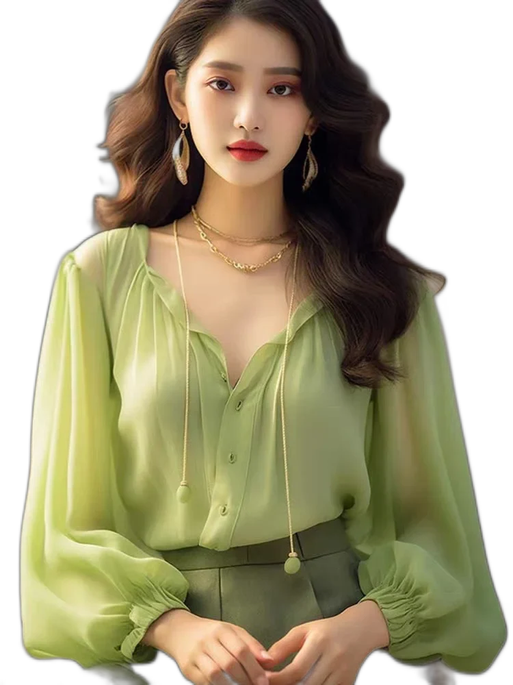 Spring Style Women'S Fashionable Blouse. V-Neck Mint Mambo Shirt With French Style Chiffon Top Underneath.