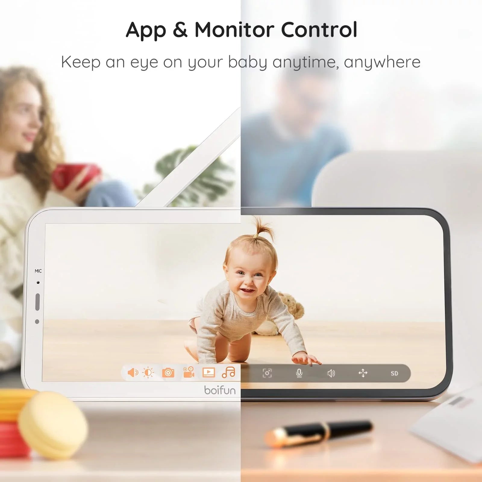 BOIFUN Video Baby Monitor with Remote Pan-Tilt-Zoom, 1080P, Motion Detection & Auto Track, 300M Long Range, APP, Night Vision, 5'' Smart Baby Monitor with Camera and Two-way Audio