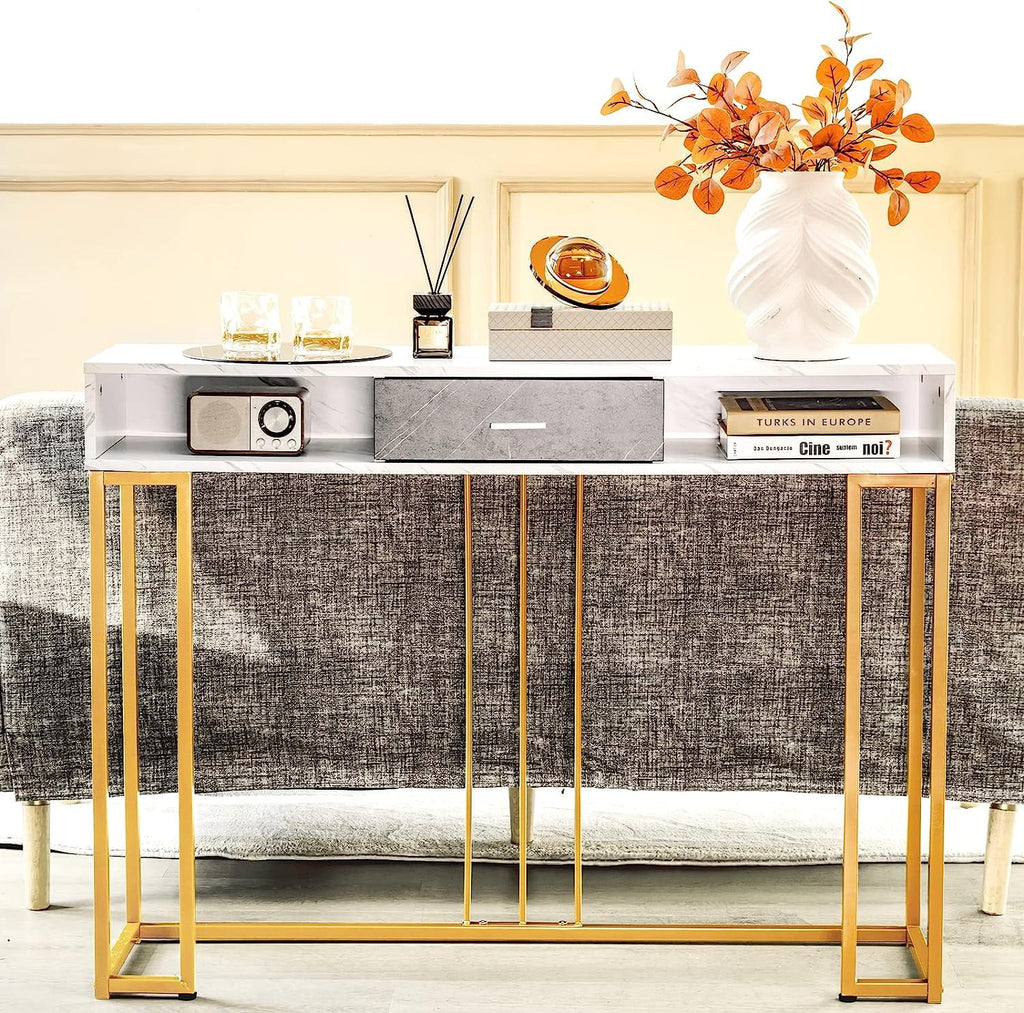 NLTBONNIE Console Table with Drawer - Sofa  with Anti-Toppling Device &amp; Adjustable Foot Pads  Faux Marble Foyer Table for Hallway  Entryway  Living Room  Dining Room &amp; Kitchen Ent