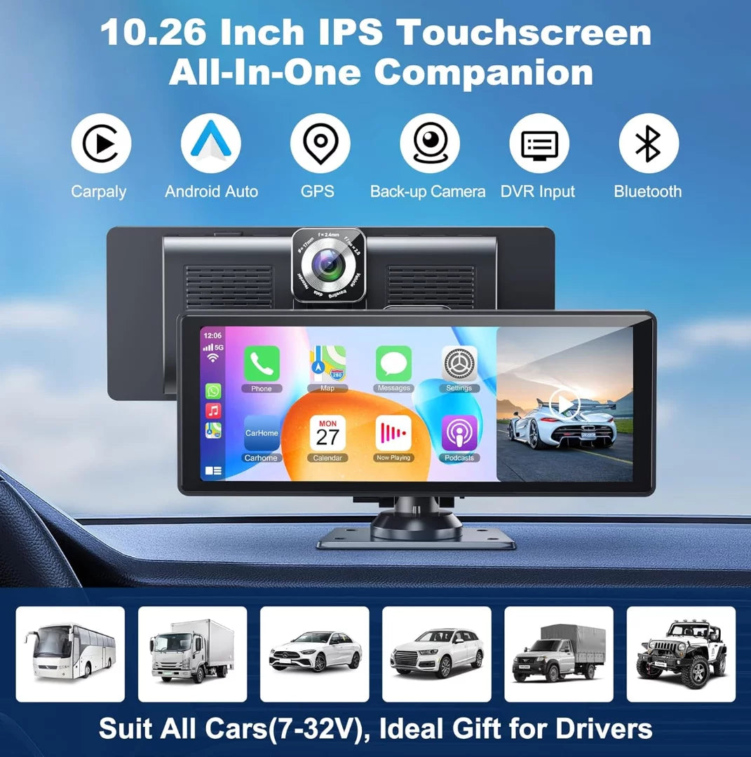 Portable Wireless Carplay& Android Auto Car Screen,10.26 Inch IPS Touchscreen with 4K Dashcam and HD Back-up Camera Support Bluetooth/Siri/Google/GPS/Mirror-Link