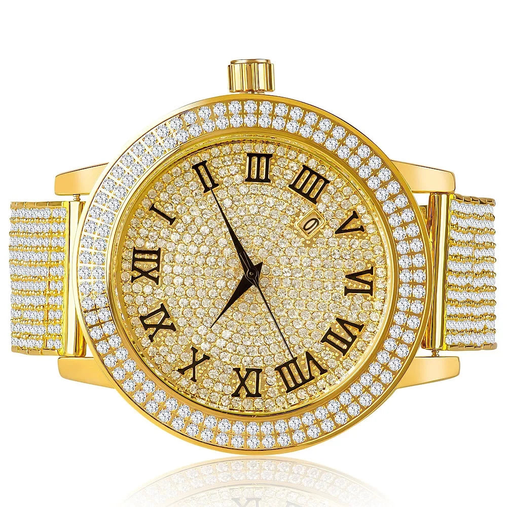 Roman Face Simulated Diamonds Yellow Gold Tone Custom Joe Rodeo Jojo Jojino Khronos Watch W/Date Function