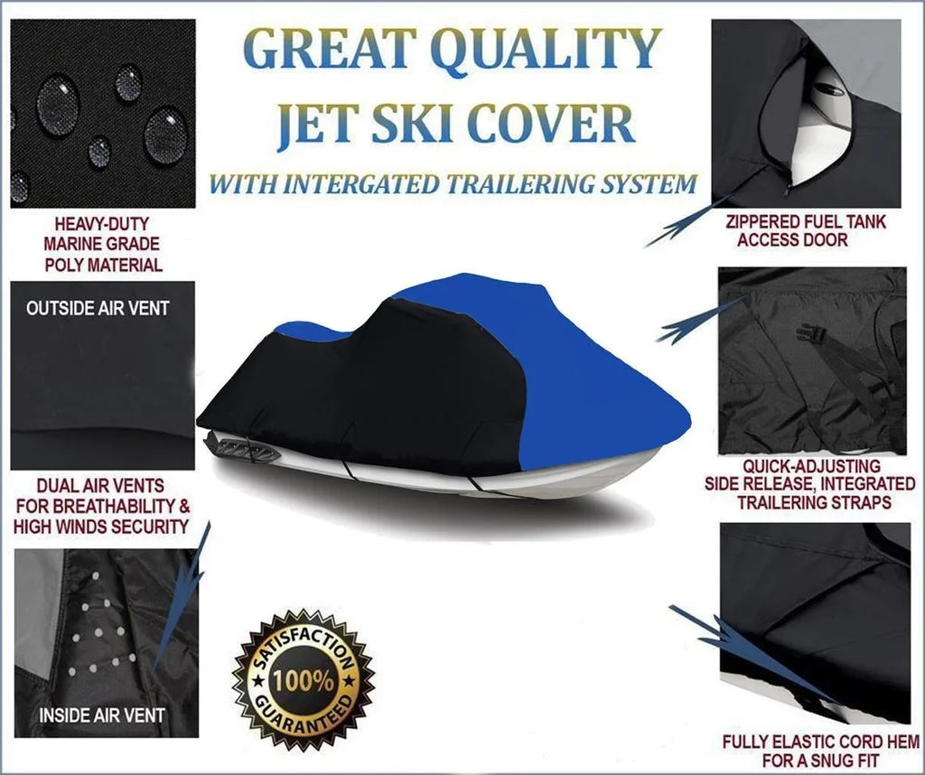 BLACK / BLUE HEAVY-DUTY, 600 DENIER Jet Ski PWC Cover Compatible for Yamaha Wave Runner GP 800R 2001 2002 2003 2004 2005 2 Seater