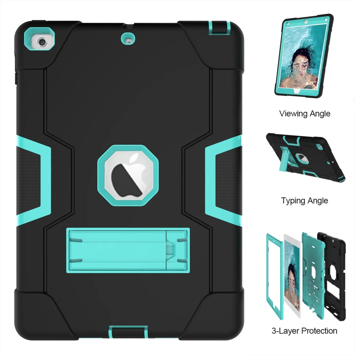 Allytech Case for New iPad 9.7 2018 2017,iPad 6th/5th Generation Case,Three Layer Shockproof Armor Defender Protective Case Cover for Apple iPad 9.7 2017/2018 A1893 A1954 A1822 A1823 (Black/Aqua)