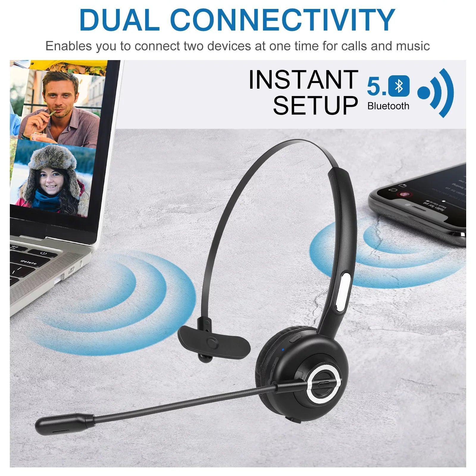 Comfortable Bluetooth Headset, UX-M97 Wireless Headset with Microphone, Wireless Cell Phone Headset with Noise Isolation Mic Charging Base Mute Function for Lenovo Z5 With Charging Dock