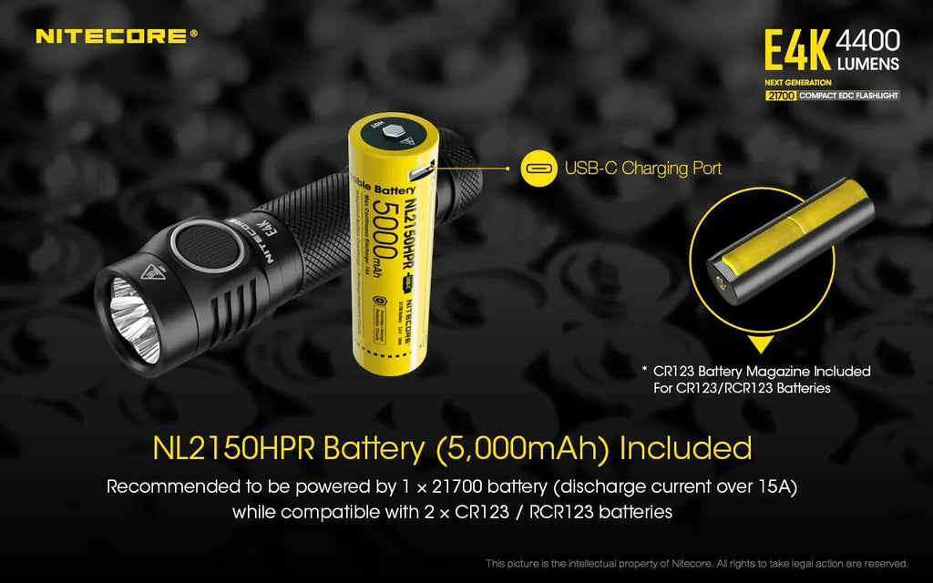 Combo: NITECORE E4K Next generation Flashlight - 4400 Lumens w/NL2150HPi  and  NL2150HPR Batteries +UMS2 Intelligent Charger  and  Eco-Sensa USB Cord