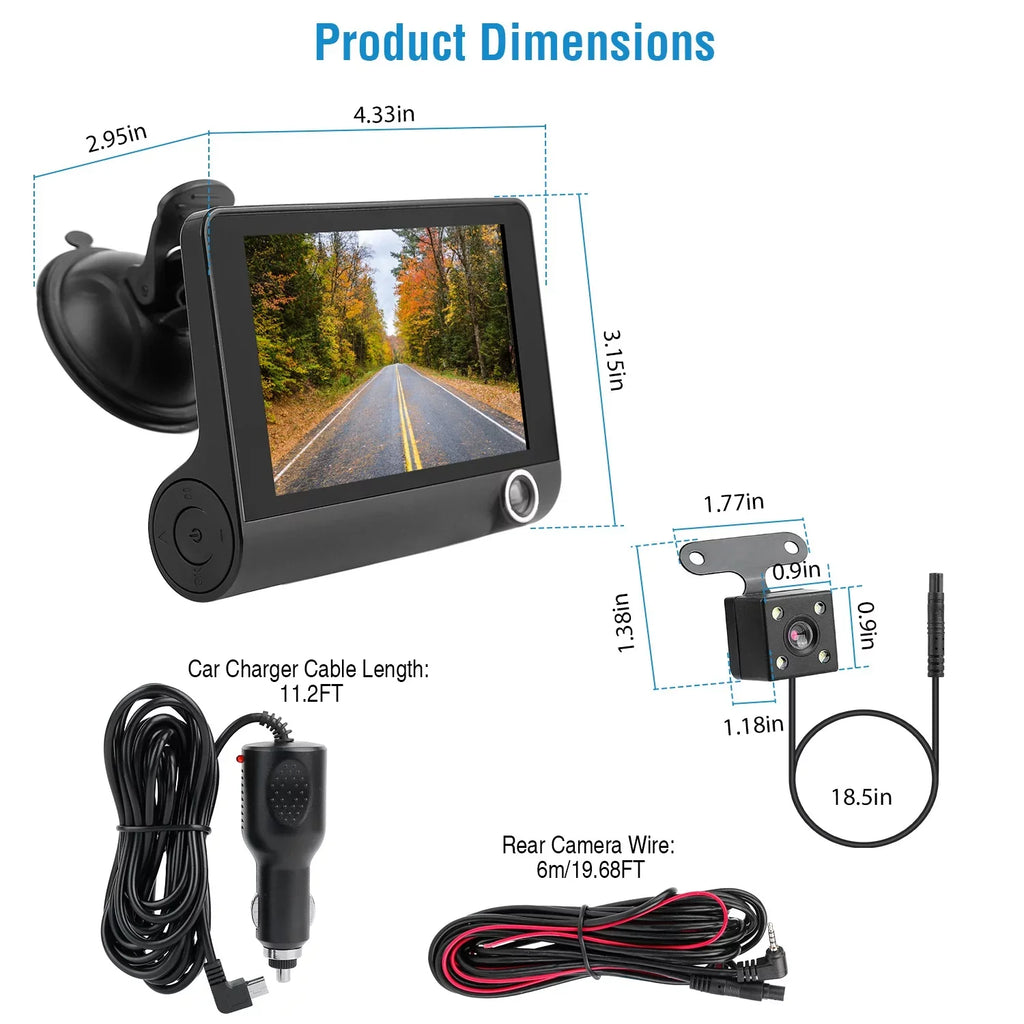 FHD Car DVR Dash Camera, iMounTEK Dash Camera 1080P 4in IPS Touch Screen 3 Channel Dash Cam(Front, Inside, Rear) Vehicle Driving Recorder Seamless Loop Recording Motion Detection