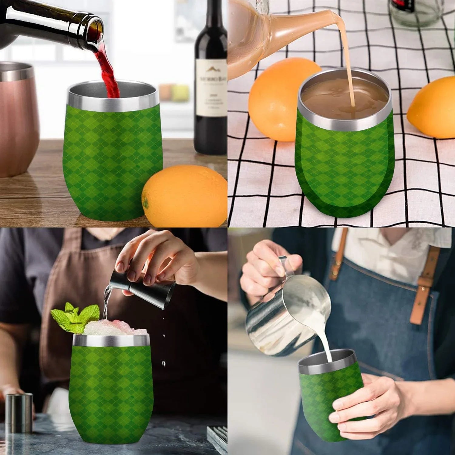 Hidove 12oz 304 Stainless Steel Vacuum Insulated Cups, Green Argyle Textured Background Eggshell Cup U Shape Tumbler Cups with Lid, Double Layer Insulation Wine Cup Big Belly Cup