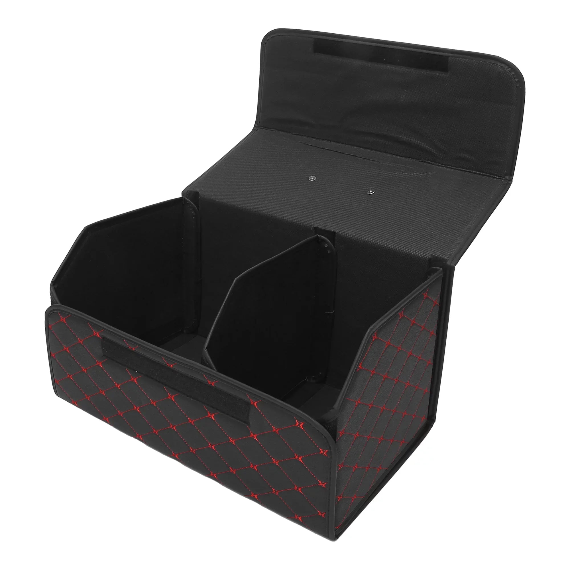 54x31x29cm Black PU Leather Car Storage Bag Trunk Organiser Foldable Boot Bag with Handle for Truck SUV Red Stitches