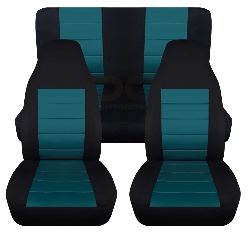 T402-Designcovers Compatible with 2003-2006 Jeep wrangler LJ 2door Seat Covers:Black and Teal- Full Set Front&Rear