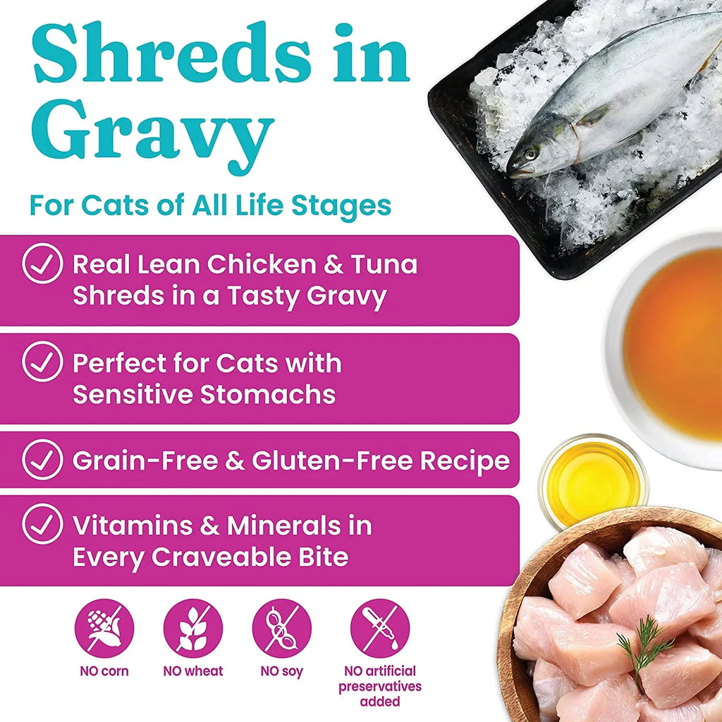 Solid Gold Canned Cat Food - Nature's Harmony Wet Cat Food Shreds in Gravy - Grain & Gluten Free Cat Wet Food Made with Real Chicken & Tuna for Sensitive Stomach Support & Digestive Health - 24 Pack