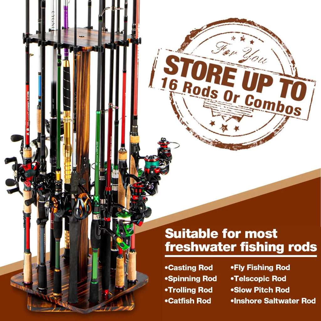 Ghosthorn Fishing Rod Pole Holders for Garage 360 Degree Rotating , Holds up to 16 Rods  Wood  Fishing Gifts for Men