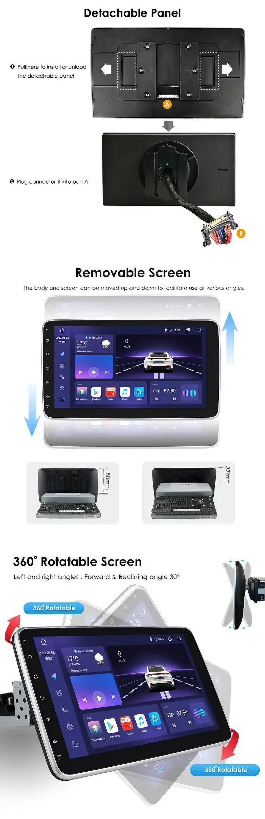 Single 1 DIN Rotatable 10.1'' 1280*720 IPS Android 12 2+32GB Bluetooth Car GPS Navigation WiFi Stereo Radio Apple CarPlay