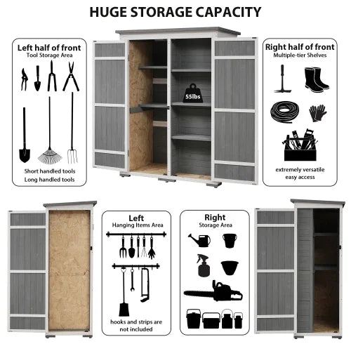Outdoor 5.5ft Hx4.1ft L Wood Storage Shed, Garden Tool Cabinet with Waterproof Asphalt Roof, Four Lockable Doors, Multiple-tier Shelves, White and Gray