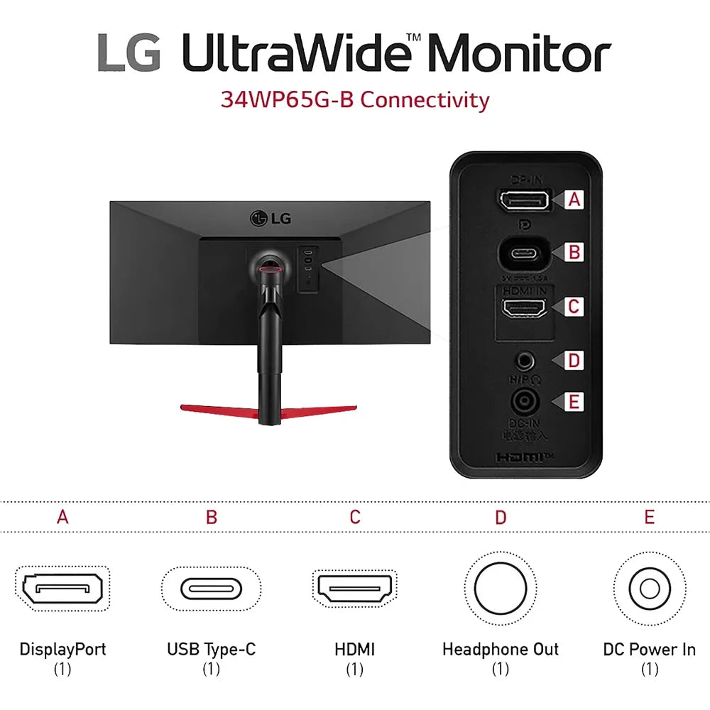 Open Box LG 34WP65G-B UltraWide Monitor 34" 21:9 Full HD (2560 x 1080) IPS Monitor, VESA DisplayHDR 400, AMD FreeSync, Height and Tilt Adjustable Stand - Black