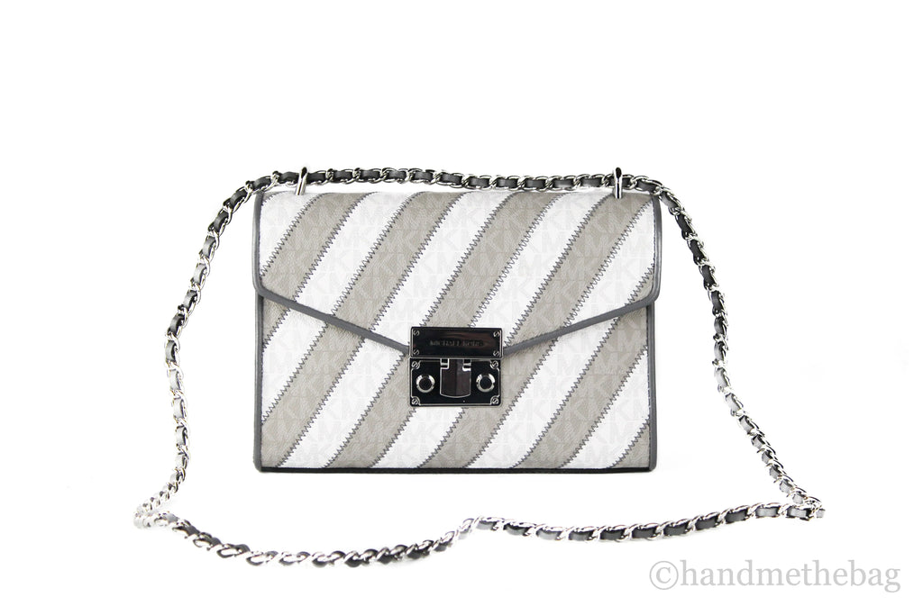 Michael Kors Rose Pearl Grey Striped Signature PVC Medium Flap Shoulder Handbag