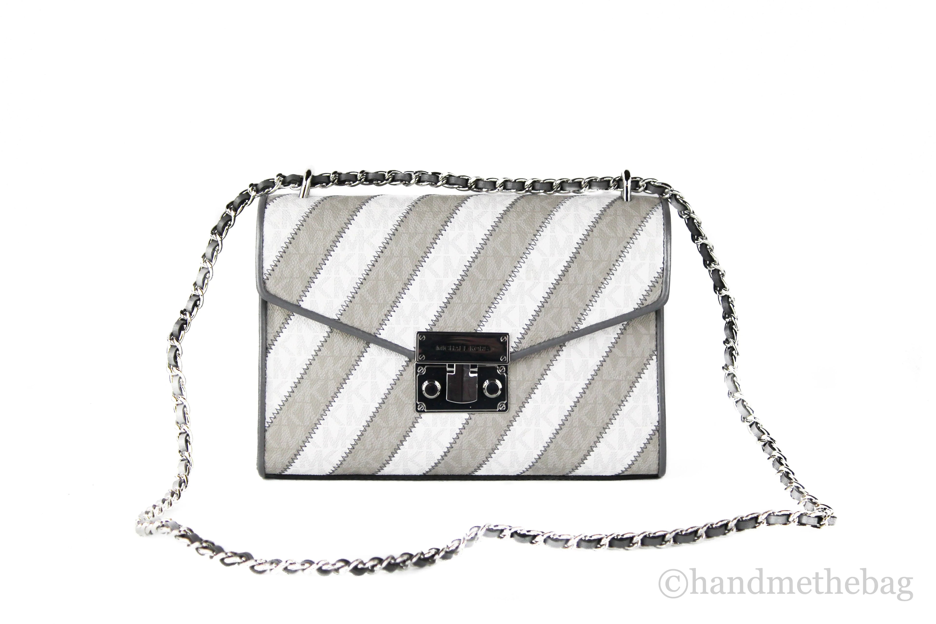 Michael Kors Rose Pearl Grey Striped Signature PVC Medium Flap Shoulder Handbag