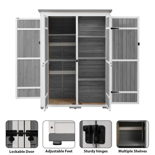 Outdoor 5.5ft Hx4.1ft L Wood Storage Shed, Garden Tool Cabinet with Waterproof Asphalt Roof, Four Lockable Doors, Multiple-tier Shelves, White and Gray