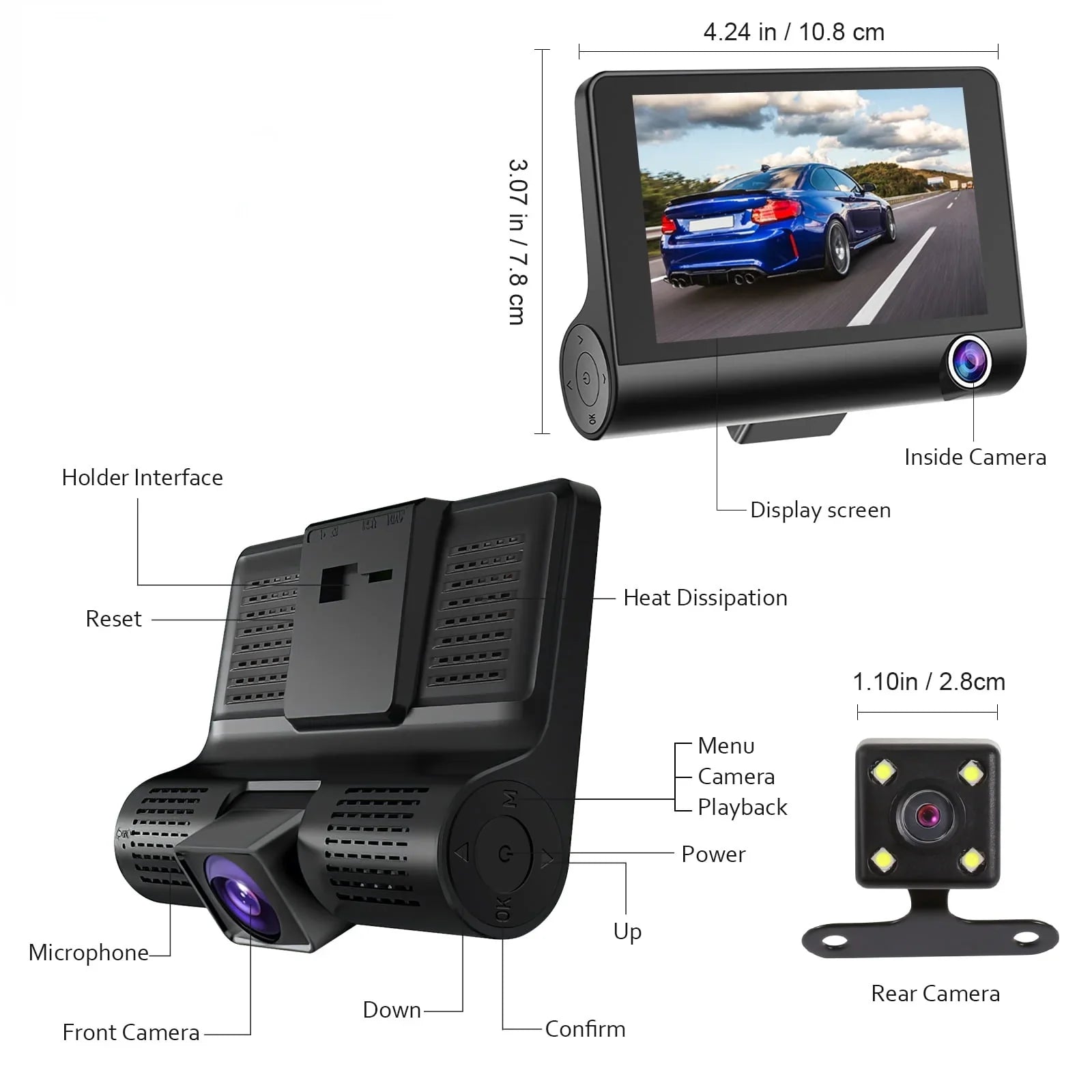 Cheefull  Wide Angle Dash Cam 4 Inch 3 Cameras Wide Angle Night Vision Loop Recording Car Driving Recorder Backup Camera