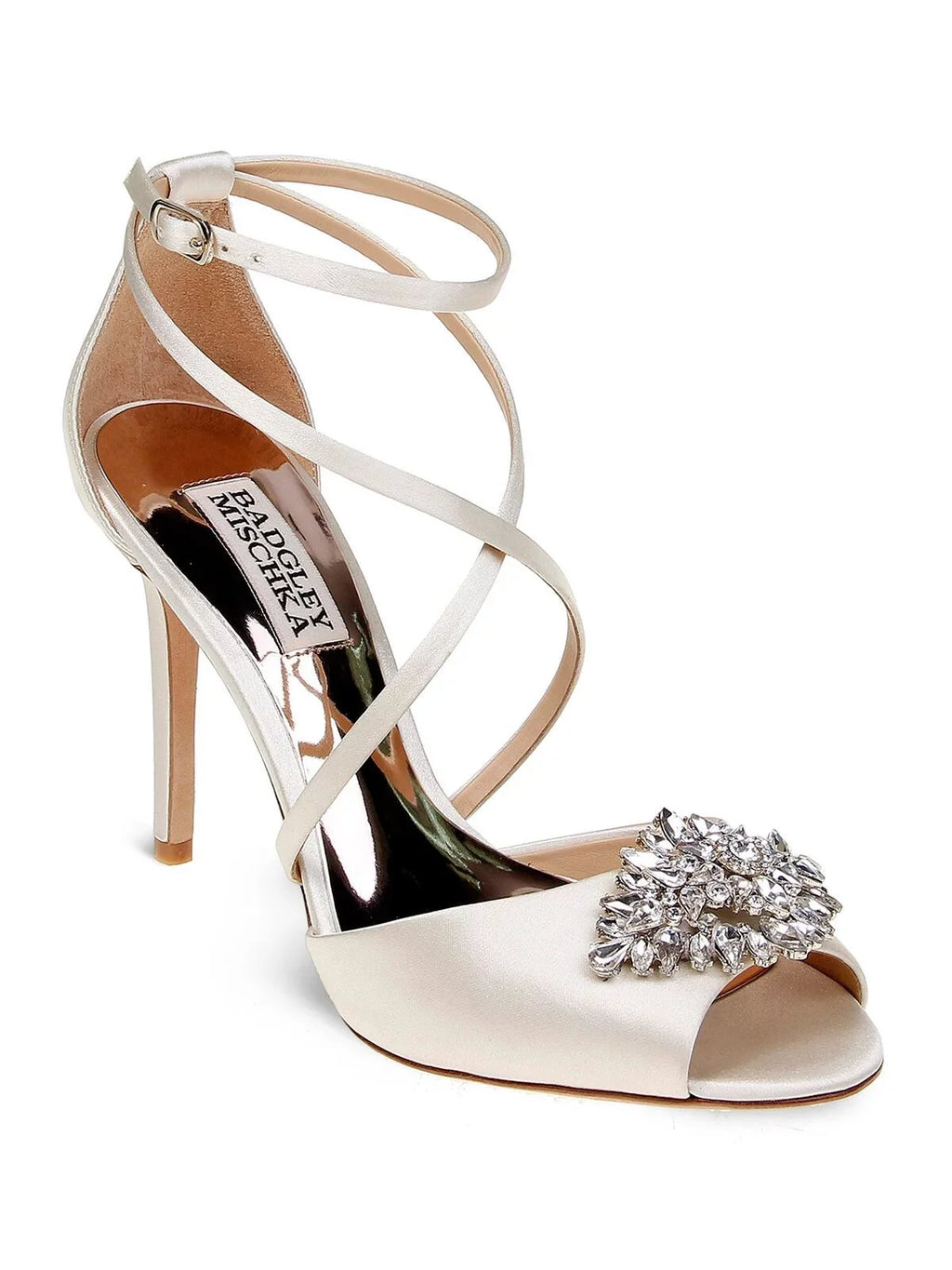 BADGLEY MISCHKA Womens Ivory Satin Beige Cushioned Footbed  Dustbag Embellished Ankle Strap Tatum Open Toe Stiletto Buckle Dress Heeled Gladiator Sandal 9