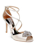 BADGLEY MISCHKA Womens Ivory Satin Beige Cushioned Footbed  Dustbag Embellished Ankle Strap Tatum Open Toe Stiletto Buckle Dress Heeled Gladiator Sandal 9