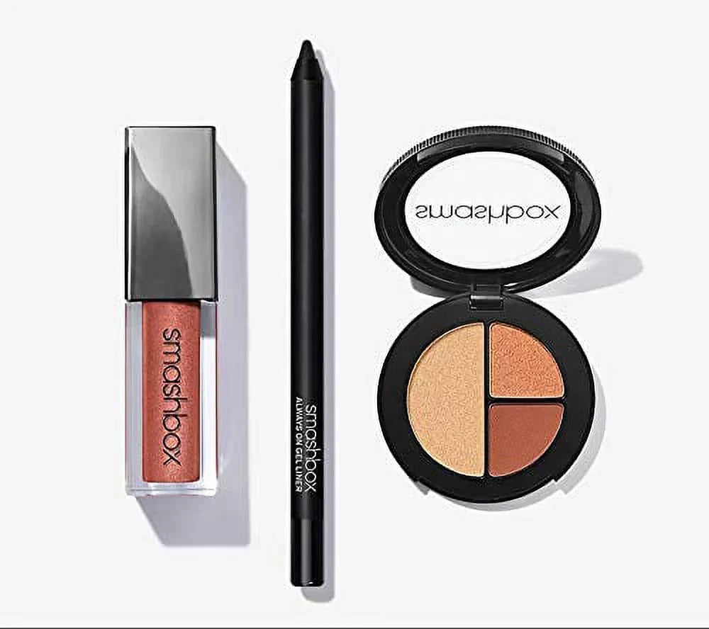 Smashbox ABLAZE Eye & Lip Set;  Photo Edit Eye Shadow Trio (It's Lit, Blaze Away, Mango Salsa)  11oz,  Always On Gel Liner - Fishnet  .04oz, Always On Metallic Matte - Rust Fund  .13 fl oz   .14oz