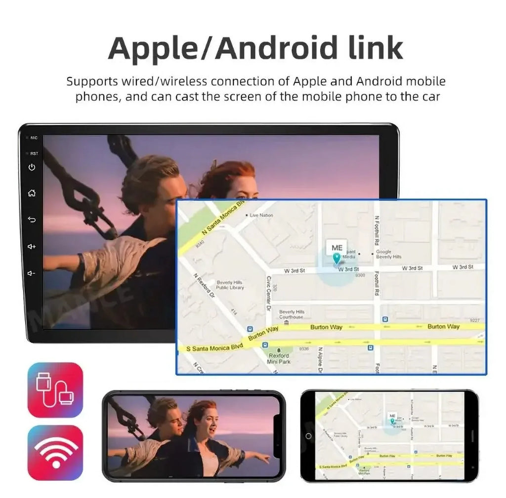 Single 1 DIN Rotatable 10.1'' 1280*720 IPS Android 12 2+32GB Bluetooth Car GPS Navigation WiFi Stereo Radio Apple CarPlay