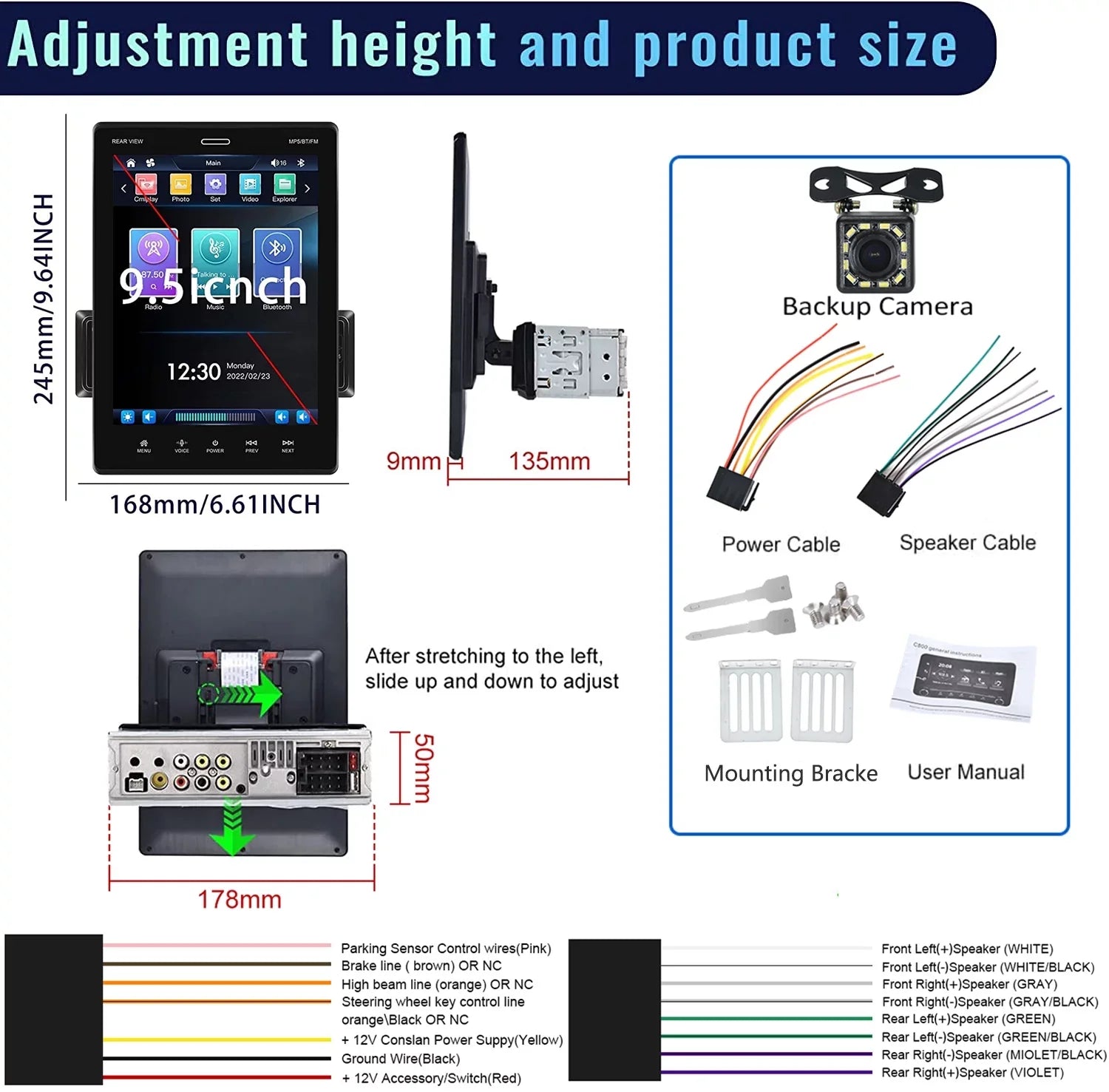 Podofo Single Din 9.5'' Car Stereo with Apple Carplay Android Auto HD Touch Screen Car MP5 Player Car Radio Bluetooth Mirror Link USB FM,with 12 LED Rear Camera