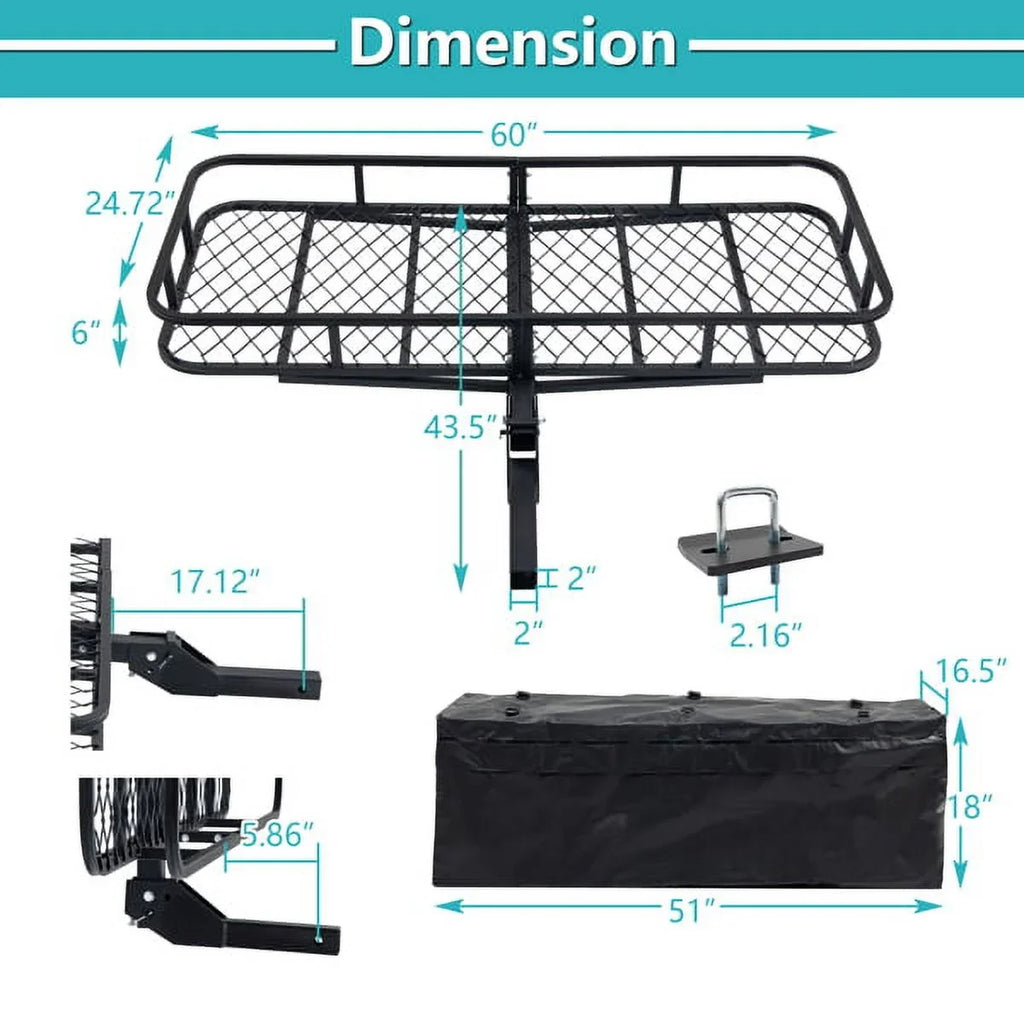 Teledu 60" x 24" x 6" Hitched Mounted Folding Cargo Basket with a 500 lb Capacity for Car SUV Truck Trailer, Black
