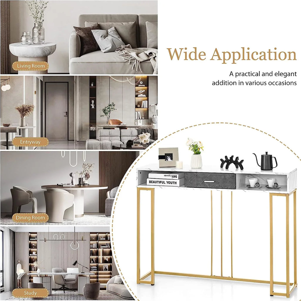 NLTBONNIE Console Table with Drawer - Sofa  with Anti-Toppling Device &amp; Adjustable Foot Pads  Faux Marble Foyer Table for Hallway  Entryway  Living Room  Dining Room &amp; Kitchen Ent