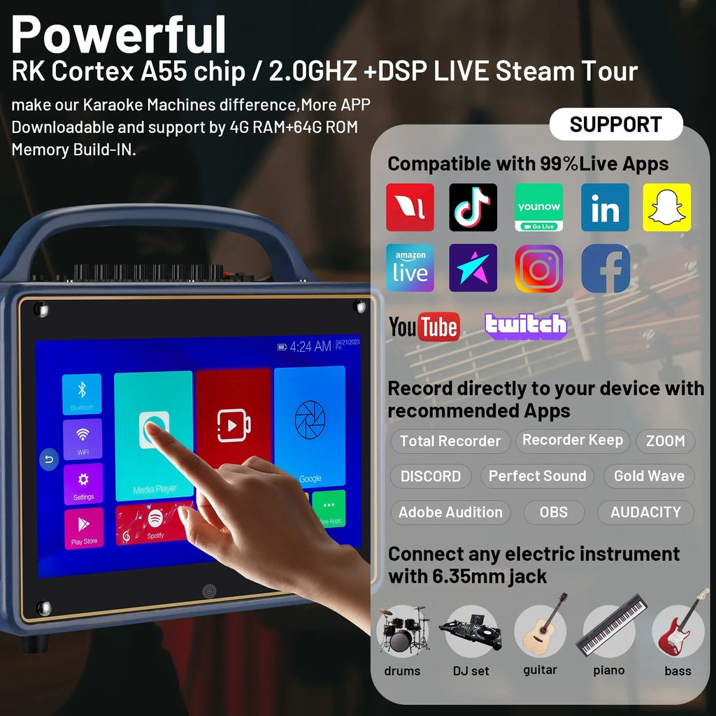 Portable Karaoke Machine Systems Wireless BT Streaming Loudspeaker for Adults&Kid,14”HD Touch Screen/Android 12/4+64G,Support Microphone/WiFi/USB/SD/PC/TV/Phones/HDMI