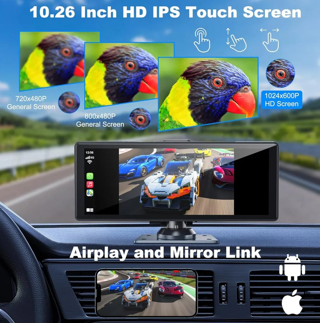 Portable Wireless Carplay& Android Auto Car Screen,10.26 Inch IPS Touchscreen with 4K Dashcam and HD Back-up Camera Support Bluetooth/Siri/Google/GPS/Mirror-Link