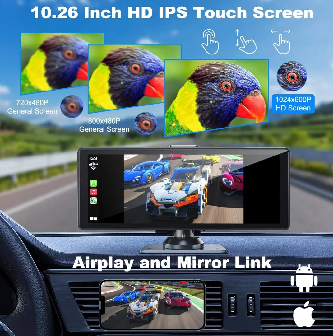 Portable Wireless Carplay& Android Auto Car Screen,10.26 Inch IPS Touchscreen with 4K Dashcam and HD Back-up Camera Support Bluetooth/Siri/Google/GPS/Mirror-Link