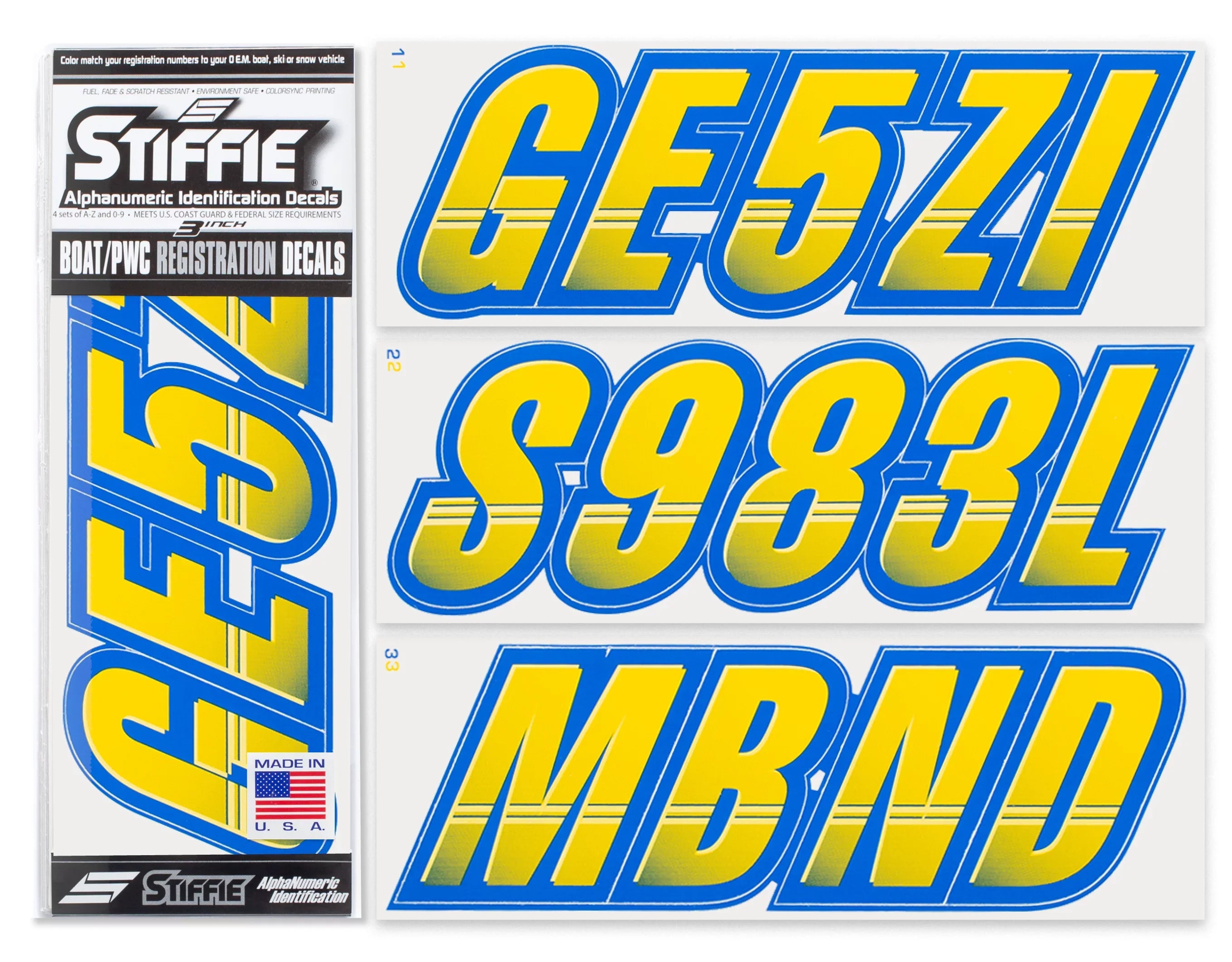 STIFFIE Techtron Yellow/Blue 3" Alpha-Numeric Identification Custom Kit Registration Numbers & Letters Marine Stickers Decals for Boats & Personal Watercraft PWC