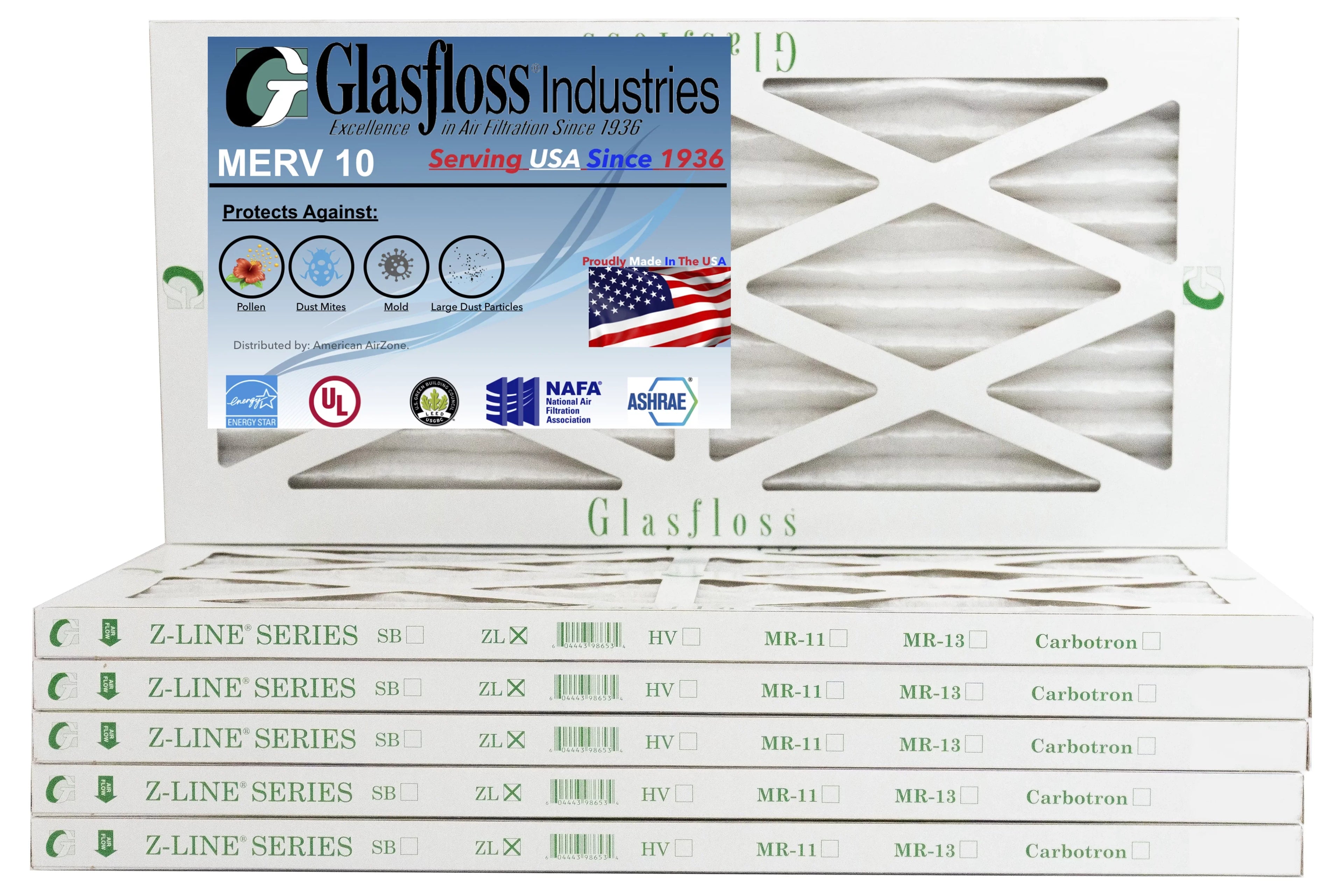 Glasfloss 8x24x1 - MERV 10 -Qty:6 - Furnace Air Filter - Made in USA (Actual Size: 7.5 x 23.5x7/8 inch)