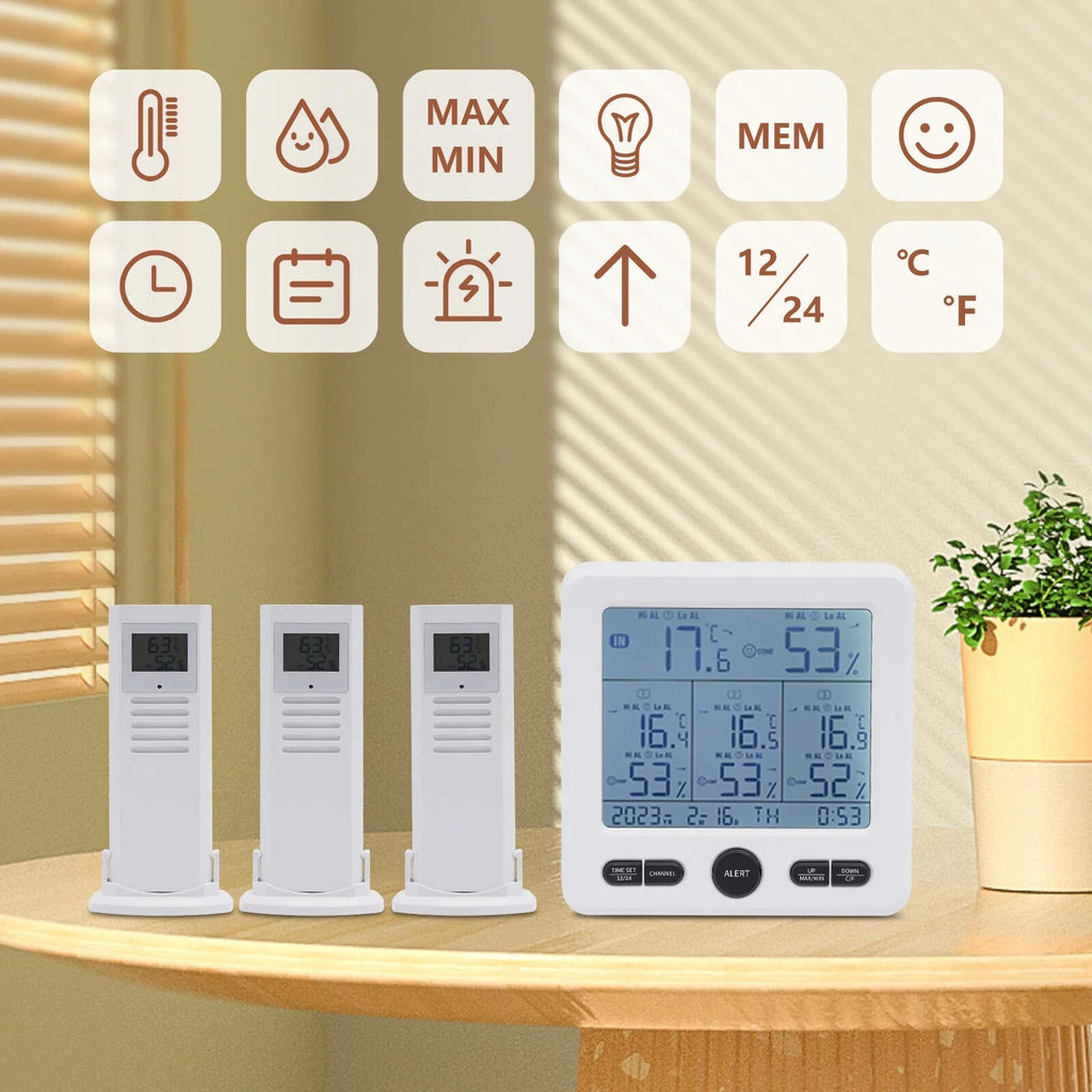 Digital Indoor Outdoor Hygrometer Thermometer Humidity Meter LCD 3 Sensors