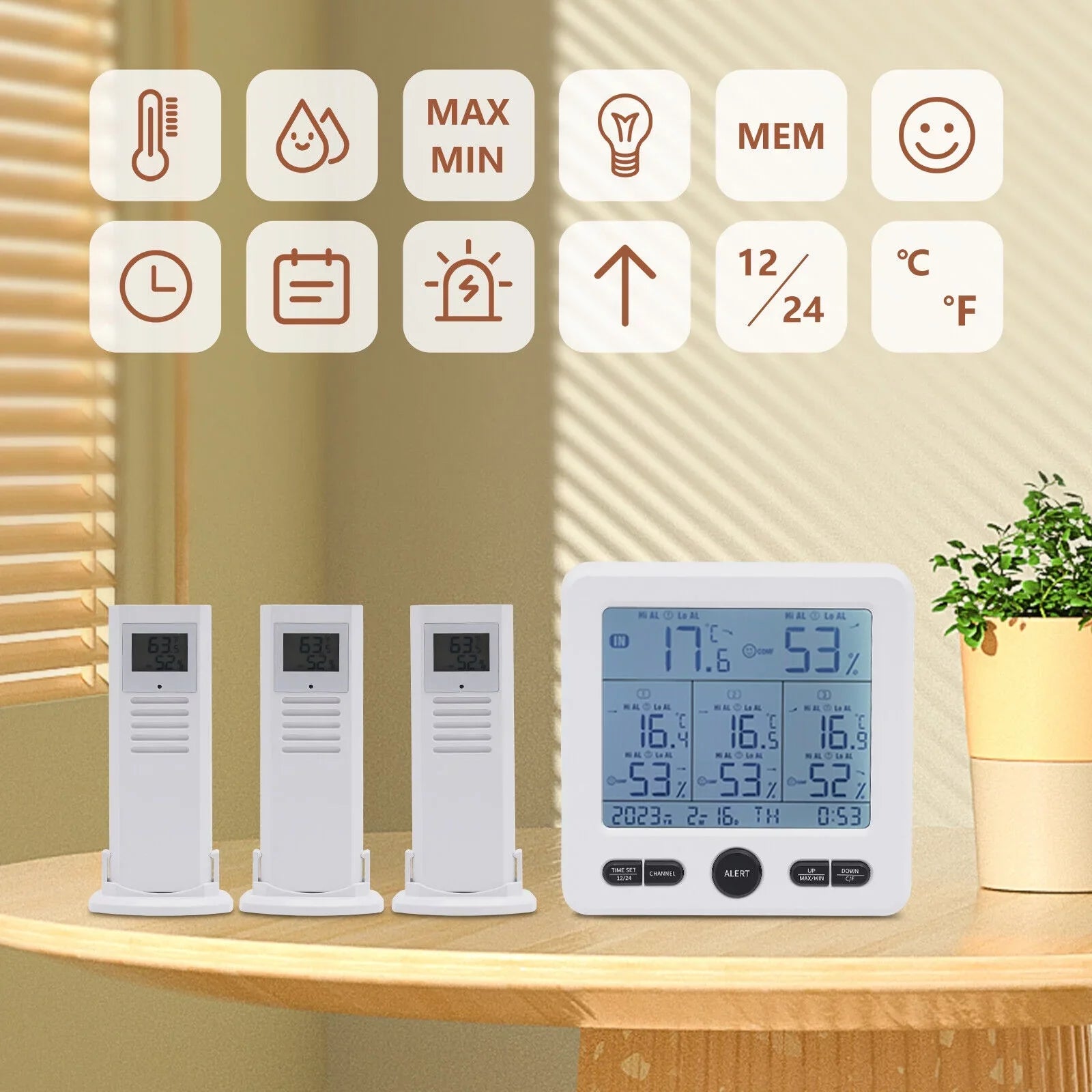 Digital Indoor Outdoor Hygrometer Thermometer Humidity Meter LCD 3 Sensors