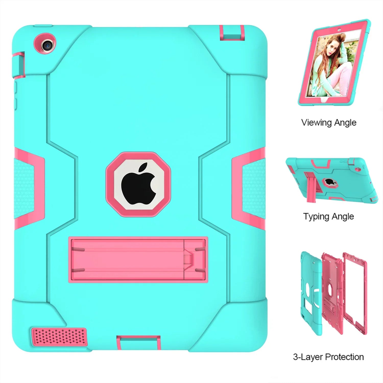 iPad 2 Case,iPad 3 Case,iPad 4 Case, Allytech Three Layer Shockproof Armor Defender Protective Case Cover with Kickstand for iPad 2nd Gen / iPad 3rd Gen / iPad 4th Generation (Aqua/Rosegold)