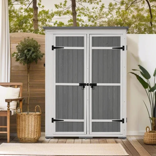 Outdoor 5.5ft Hx4.1ft L Wood Storage Shed, Garden Tool Cabinet with Waterproof Asphalt Roof, Four Lockable Doors, Multiple-tier Shelves, White and Gray