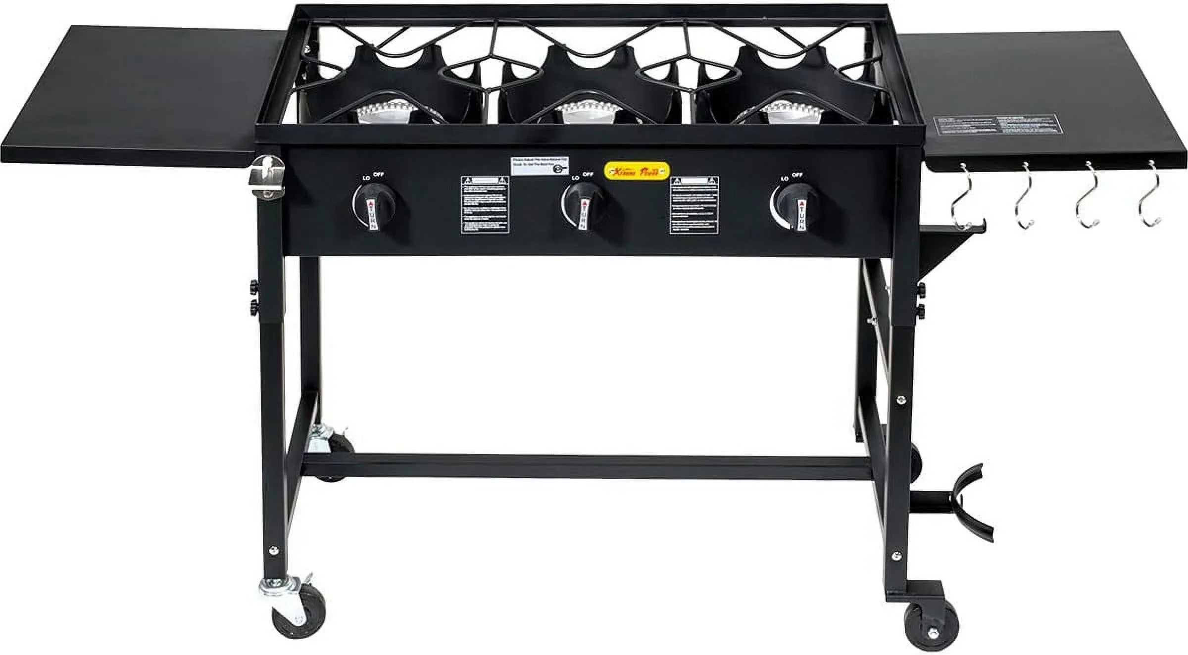Portable Propane 87,000-BTU Triple-Burner Outdoor Camp Stove Side Table Patio Cooking Wheel W/Regulator 4 Hook Utensil Holder