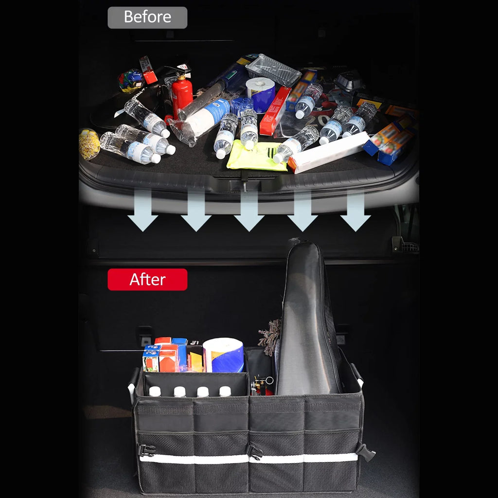 OWSOO Car Trunk Organizer Car Trunk Storage Box Automotive Cargo Organizer Oxford Cloth Folding Car Storage Box with Reflective Strip 55L