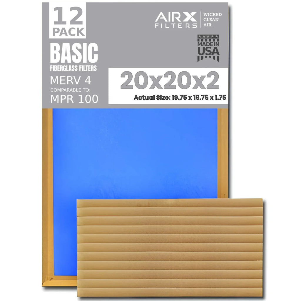 20x20x2 Air Filter Comparable to MPR 100 Basic Economy Furnace Filters, 12 Pack of Non Pleated Fiberglass Filter For Dust - Low Airflow Restriction! From AIRX FILTERS WICKED CLEAN AIR.
