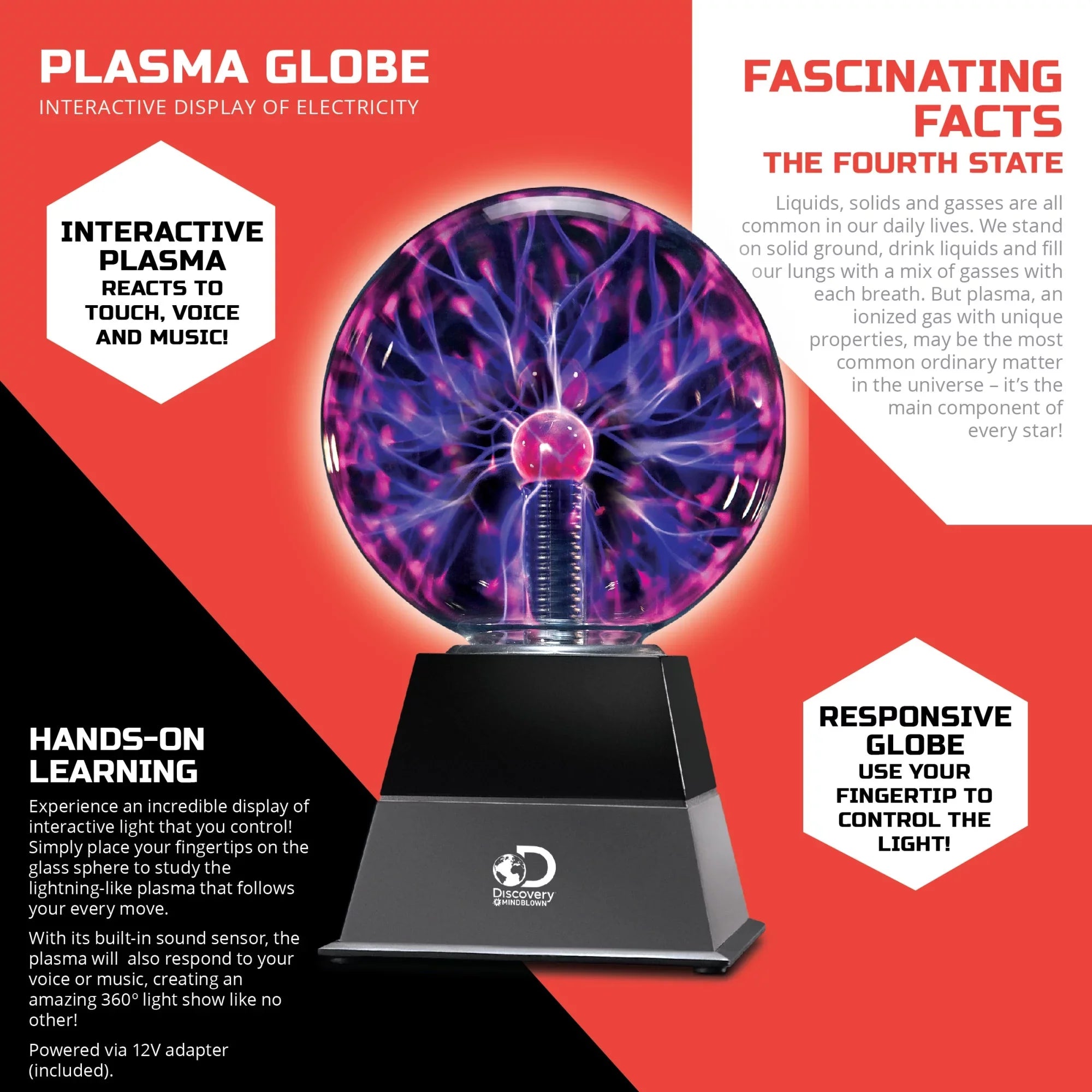 Discovery #Mindblown 6" Plasma Globe Lamp with Interactive Electric Touch and Sound Sensitive Lightning and Tesla Coil, Includes AC Adapter, Glass STEM Lava Lamp-Style Light for Desk, Kids Room