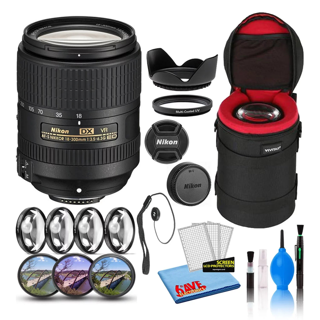 Nikon AF-S DX NIKKOR 18-300mm f/3.5-6.3G ED VR Lens (2216) Intl with Padded Lens Case + Macro Filter Kit + UV, CPL, FL Lens Filters + Tulip Hood + Lens Cap Keeper + Cleaning Kit