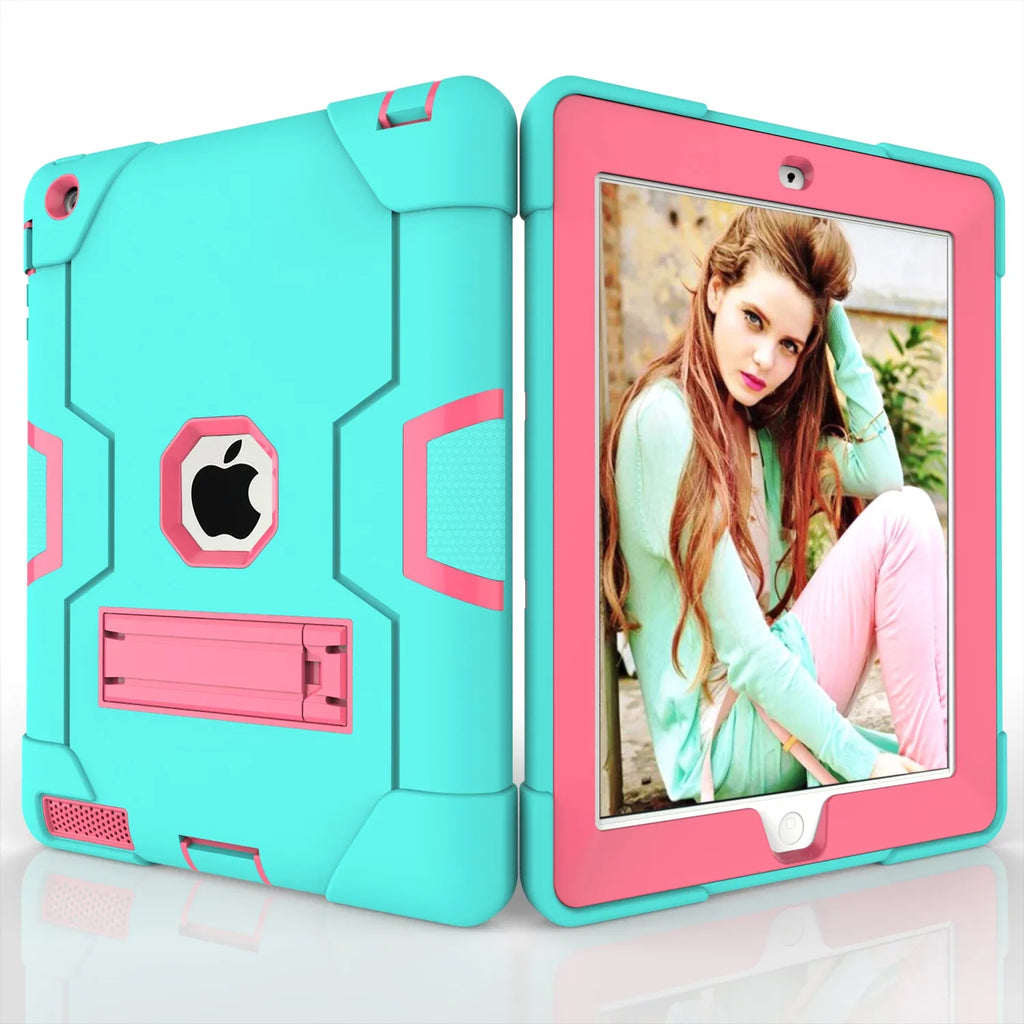 iPad 2 Case,iPad 3 Case,iPad 4 Case, Allytech Three Layer Shockproof Armor Defender Protective Case Cover with Kickstand for iPad 2nd Gen / iPad 3rd Gen / iPad 4th Generation (Aqua/Rosegold)