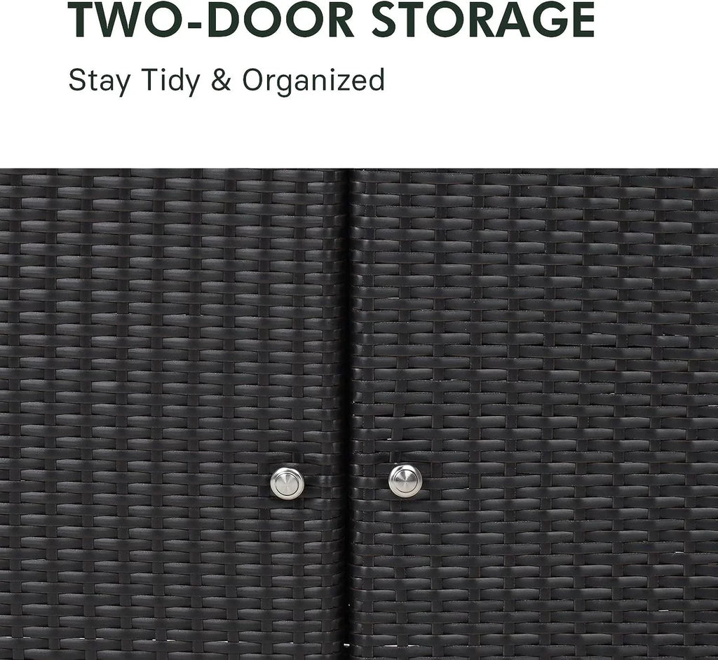 AUCHI Indoor Outdoor 2-Door Wicker Storage Cabinet with Shelf, Powder Coated Steel, All Weather Resin Wicker, Dark Brown