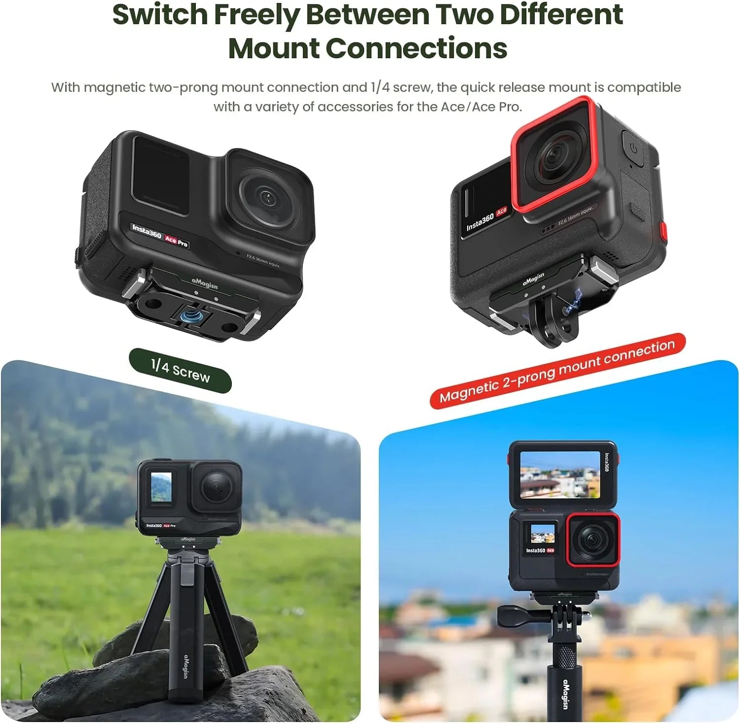 GAEKOL Insta360 Ace Pro Quick Release Mount, Snap-On Magnetic 2 Prong Mount and 1/4 Thread Mount for Insta360 Ace Pro / Insta360 Ace