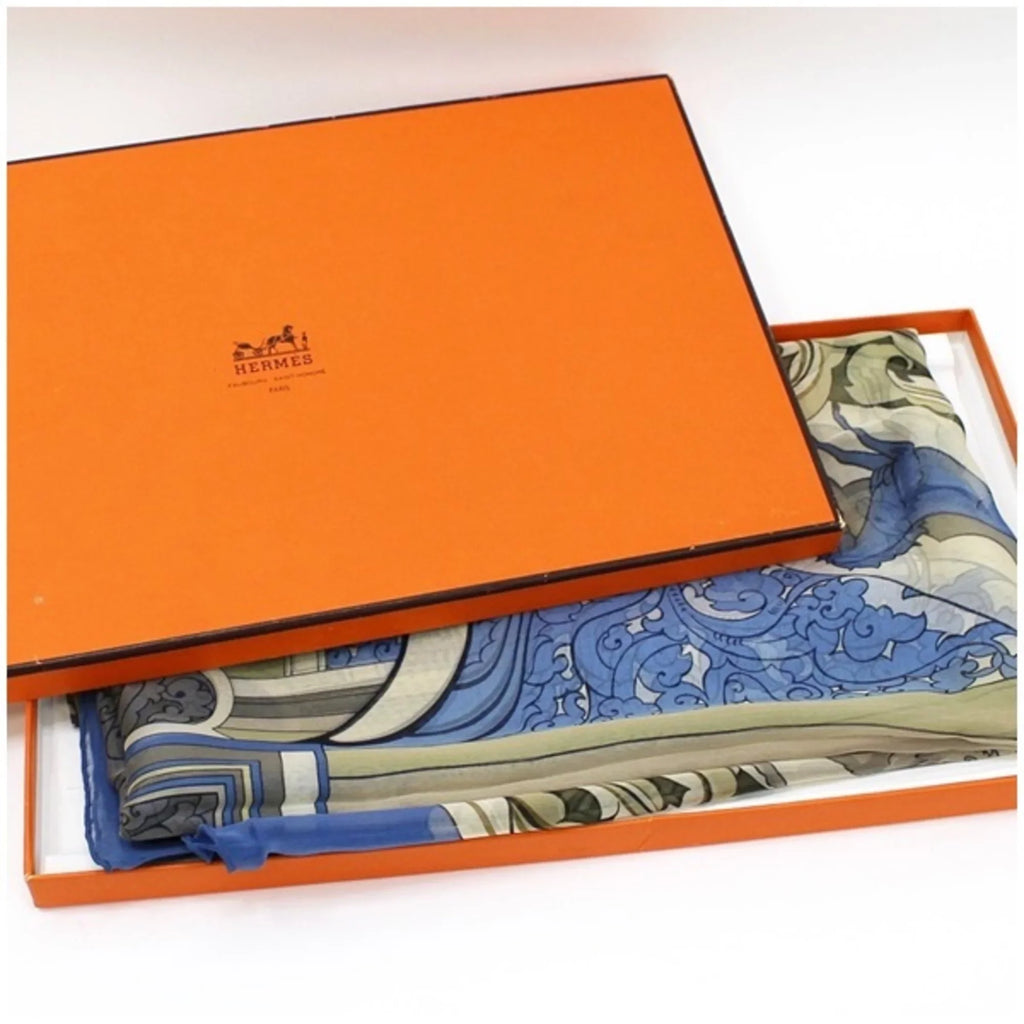Pre-Owned Hermes Silk Scarf Muffler Carre 140 "ANIMAUX SOLAIRES" Animals of the Sun Blue HERMES Ladies Chiffon (Good)