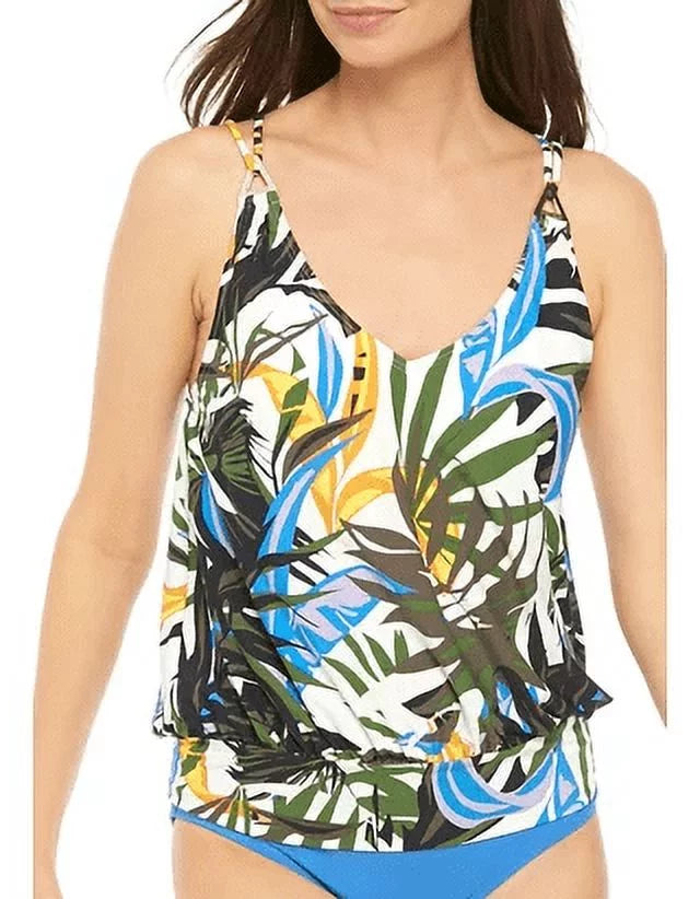 Calvin Klein OLIVE MULTI TROPIC RAINFOREST Blouson Tankini Top, US X-Small