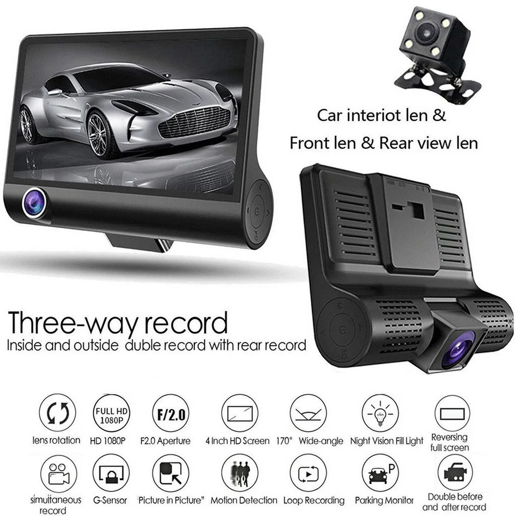 XBTCLXEBCO 4" 3 Lens HD 1080P Car DVR Rearview Video Dash Cam Recorder Camera G-sensor